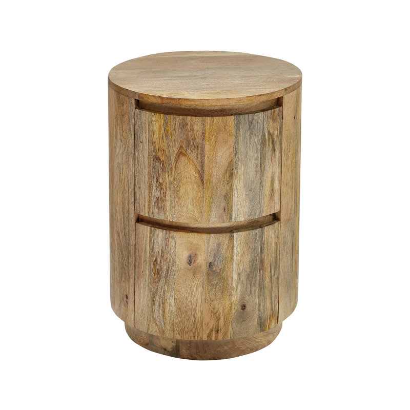 Elegant Brown 18" Round 24" High Nightstand with Two Built-In Drawers, Natural