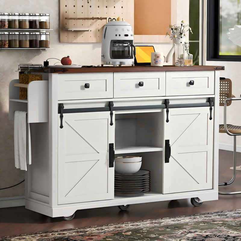 53.7" Farmhouse Kitchen Island With Drop Leaf, Power Outlet, Sliding Barn Doors & Spice Rack, White, White