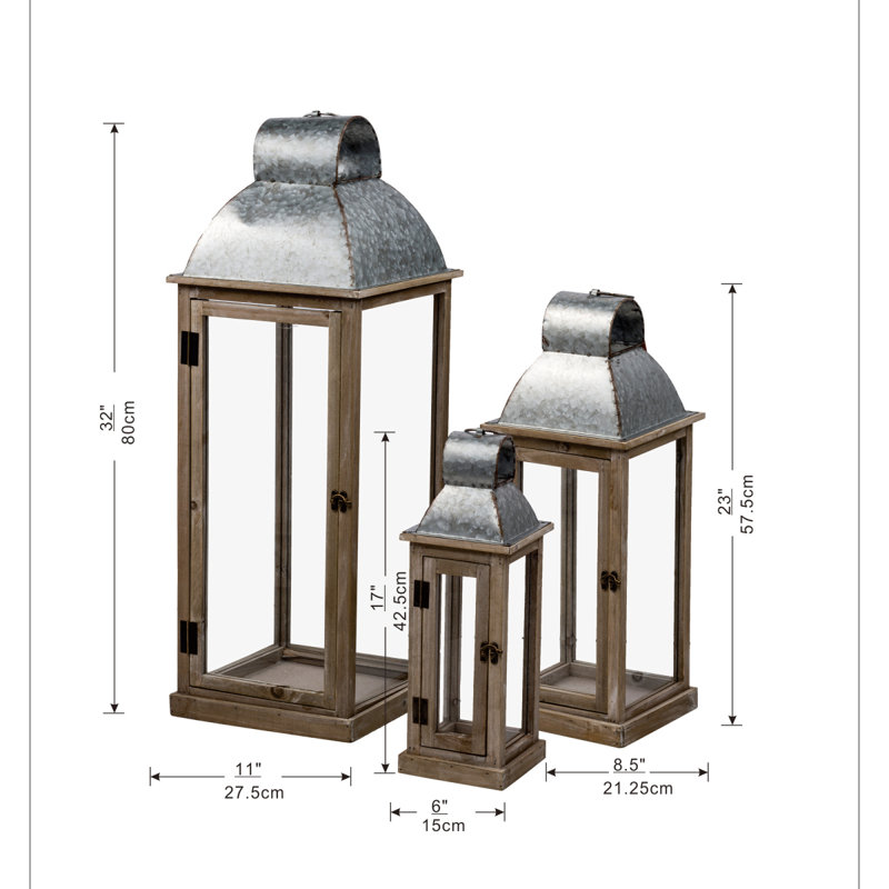 Ensemble de 3 lanternes en bois naturel et argent, L 11 x 11 x 32 po, M 8,5 x 8,5 x 23 po, S: 6 x 6 x 17 po