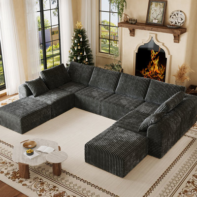 8 - Piece 192.51" W U Shape Sectional Sofa, Cloud Modular Sectional Sofa, Deep Seat Corduroy Boneless With Ottomans, No Need Assembly