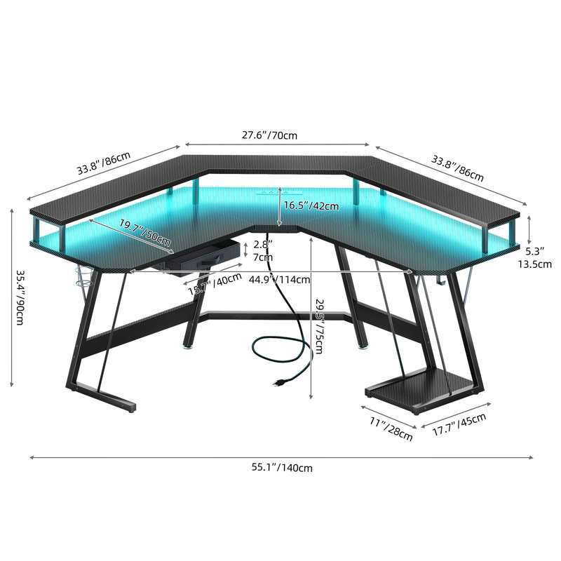Lockmer 55'' L-Shape Gaming Desk with Power Outlets & LED Light