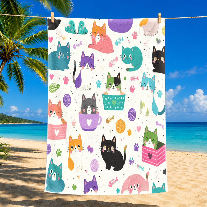 1 pièce de serviette de plage pour chat mignon, avec des chats de dessins animés colorés dans diverses poses et motifs ludiques. Microfibre douce et absorbante, parfaite pour la natation, les voyages et les voyages unisexes.