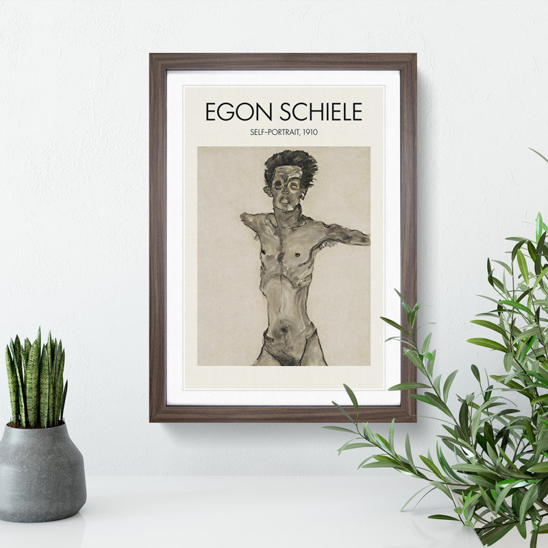 Self Portrait Vol.9 by Egon Schiele - Picture Frame Painting, 36cm H x 27cm W x 2cm D, Walnut