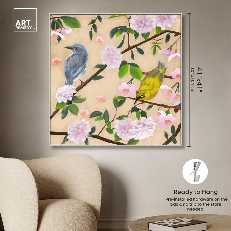 Décoration murale en toile d'oiseaux câlins par , H 41 po x l 41 po, Encadrement argenté