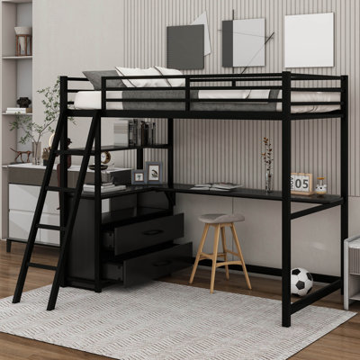 Twin Size Metal&Wood Loft Bed With Desk And Shelves, Two Built-In Drawers -  Mason & Marbles, 892EE905A03E43ECBE31A6D601B30208