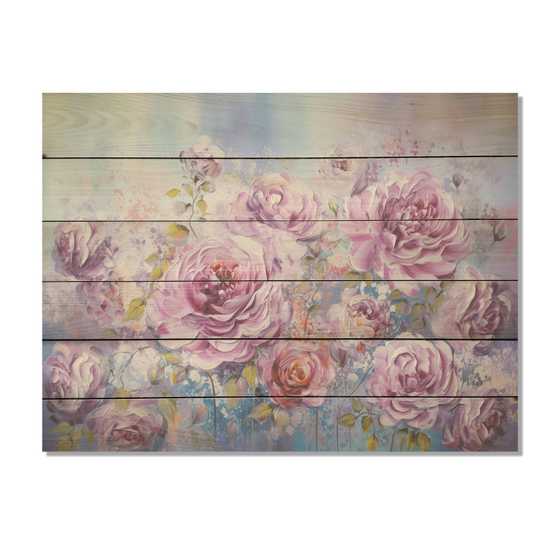 Fleurs mauves et fluorescentes - champ de fleurs, art mural sur bois de pin naturel, H 24 po x l 32 po