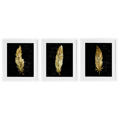Ensemble de 3 sous-verres à motif de plumes noires et dorées, par Kim Allen