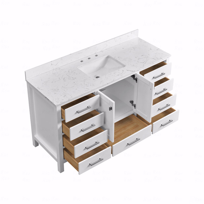 Single Basin Freestanding Bathroom Vanity, With Top, Solid Wood Frame Bathroom Storage Cabinet, White, 60"