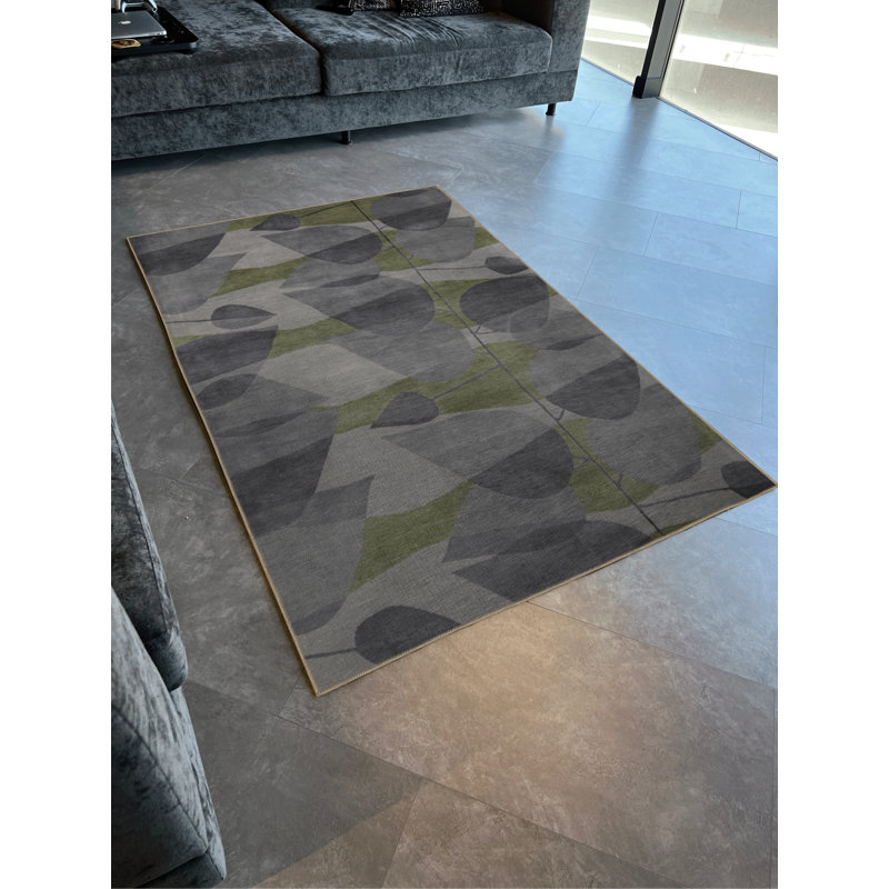 Tapis décoratif moderne à motif géométrique abstrait gris et vert, Rectangle 4 pi 11,06 po x 7 pi 6,55 po
