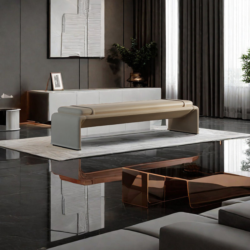 Banc rembourré en cuir Lauriann, Blanc cassé