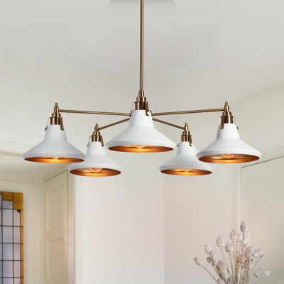 Lustre moderne à 5 lumières à intensité variable, fini blanc et doré, motif roue de chariot Sputnik pour salle à manger