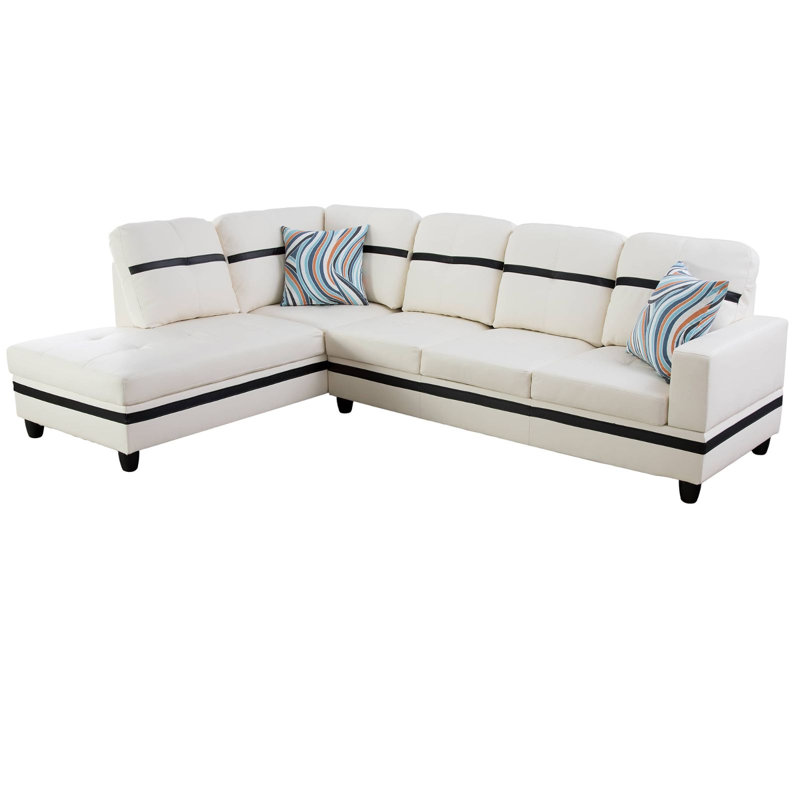 Elish Faux Leather L-Shaped Sectional, White/Black Faux Leather, Left Hand Facing