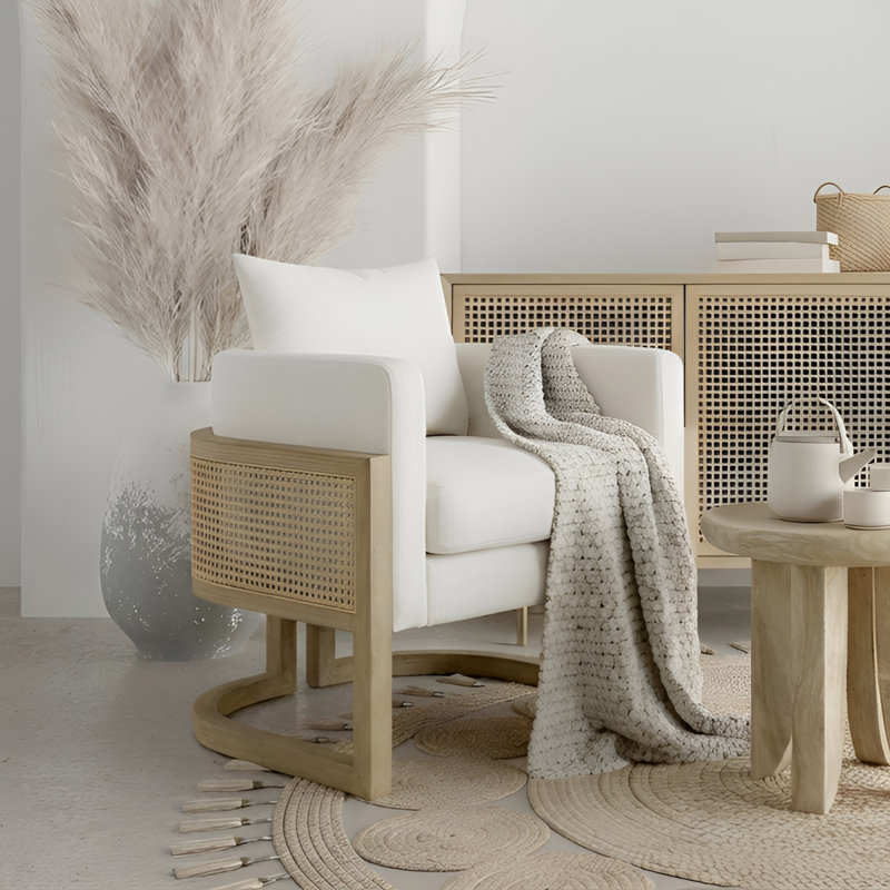 30.9" W Rattan and Wood Wide Armchair Upholstered Barrel Chair, White Linen Cushion/Natural Frame