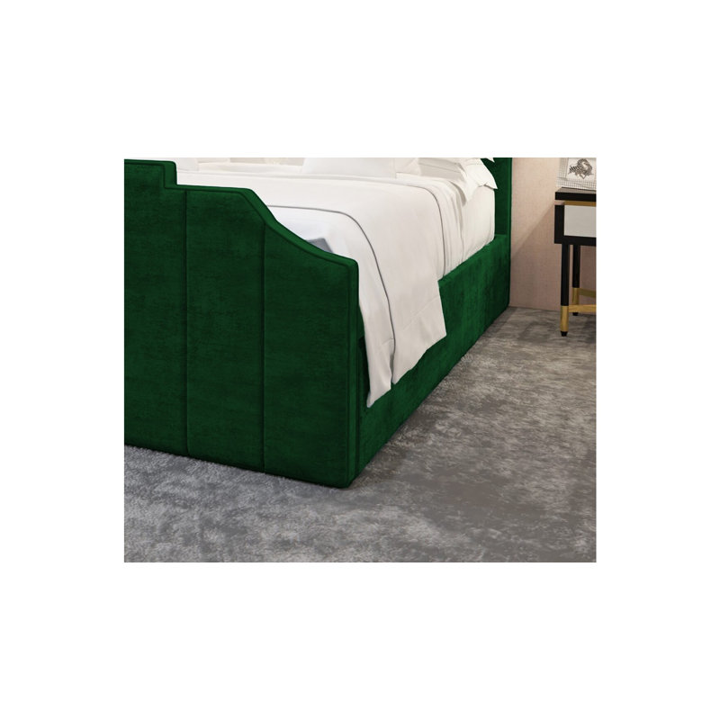 Annalei Regal Velvet Upholstered Bed Frame - Shaped Headboard, Chrome Feet, Double (4'6), Green