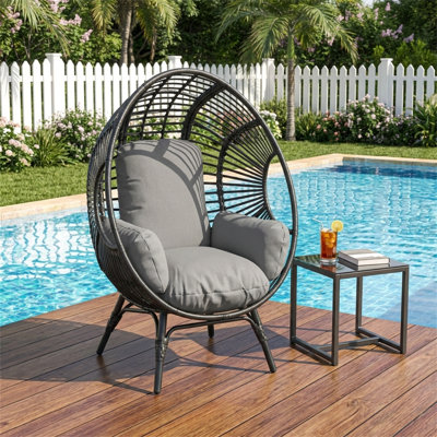 Élégant fauteuil à œufs suspendu à dossier arqué - Balançoire de patio d'une capacité de 400 lb avec coussin épais de 8 pouces, design extérieur / intérieur en rotin pour salon de jardin, balcon et salon