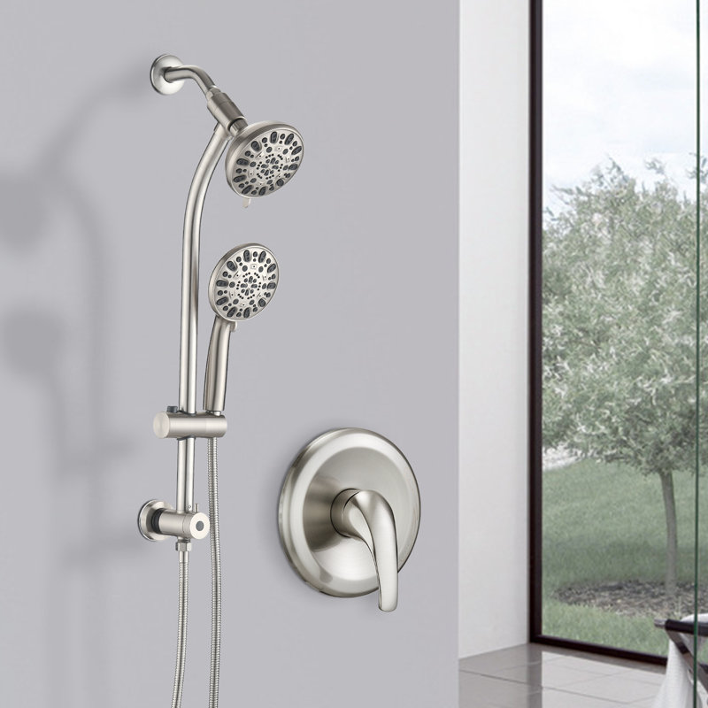 Drillfree Stainless Steel Slide Bar Combo Rain Showerhead 7Setting Hand, Dual Shower Head Spa System (Roughin Valve Included)