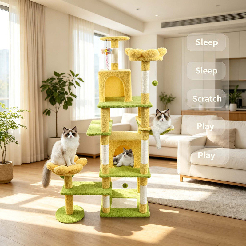 Tour pour arbre à chat de 71 pouces pour chats d'intérieur, centre d'activités à plusieurs niveaux avec grand condo, hamac et coussin en forme de fleur amovible, poteaux à griffer en sisal