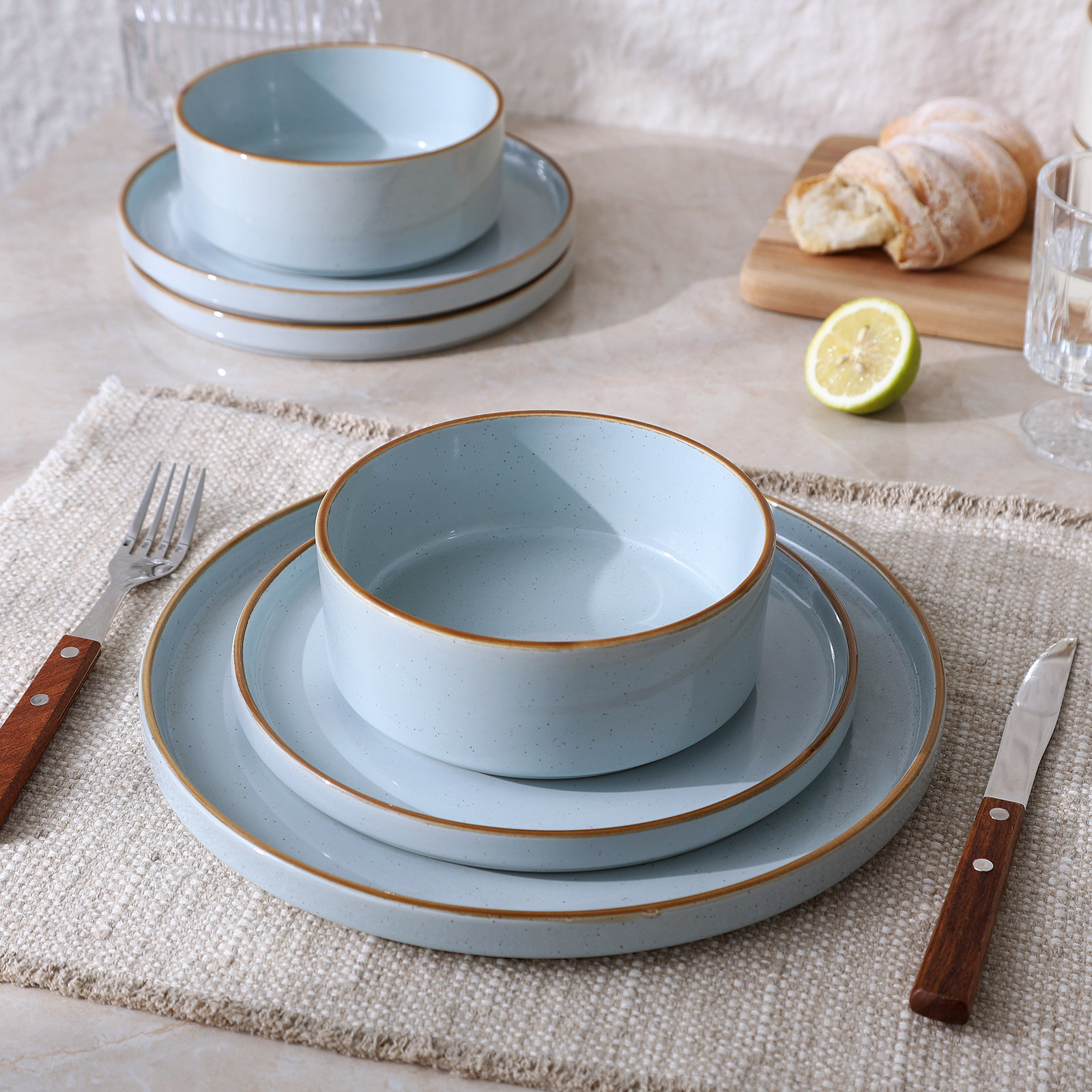 Stoneware Dinnerware Set, Light Blue with Brown Rim