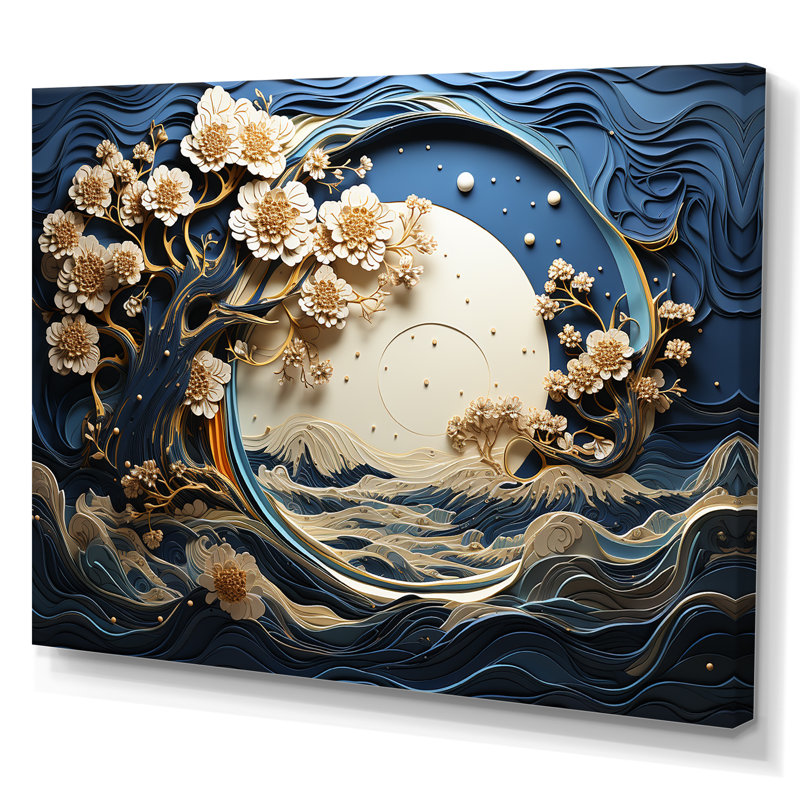 Ambiance côtière dorée et bleue I - arbre, art mural, Toile tendue, H 24 po x l 32 po x P 1 po