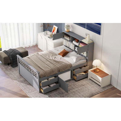 Lit plateforme double pleine grandeur avec rangement intégré pour bibliothèque, tablettes de rangement et quatre tiroirs pratiques, gris