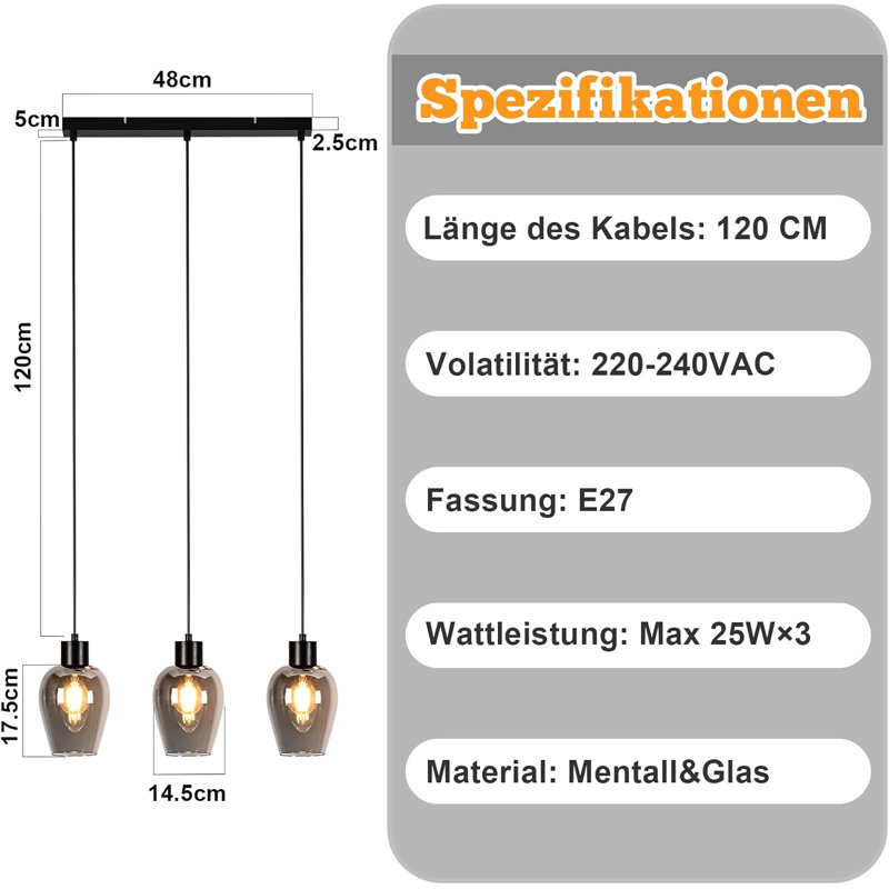 - Light Stainless Steel Pendant, 120cm H x 48cm W x 14.5cm D, 3 Lights