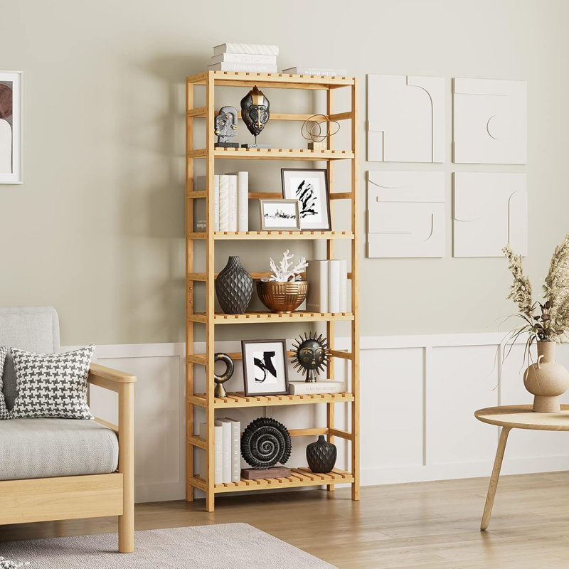Bamboo Shelf, 6 Tier Bookcase Storage Shelves, Tall Book Rack Shelving Unit, Multipurpose Storage Display Shelf Adjustable Storage Rack