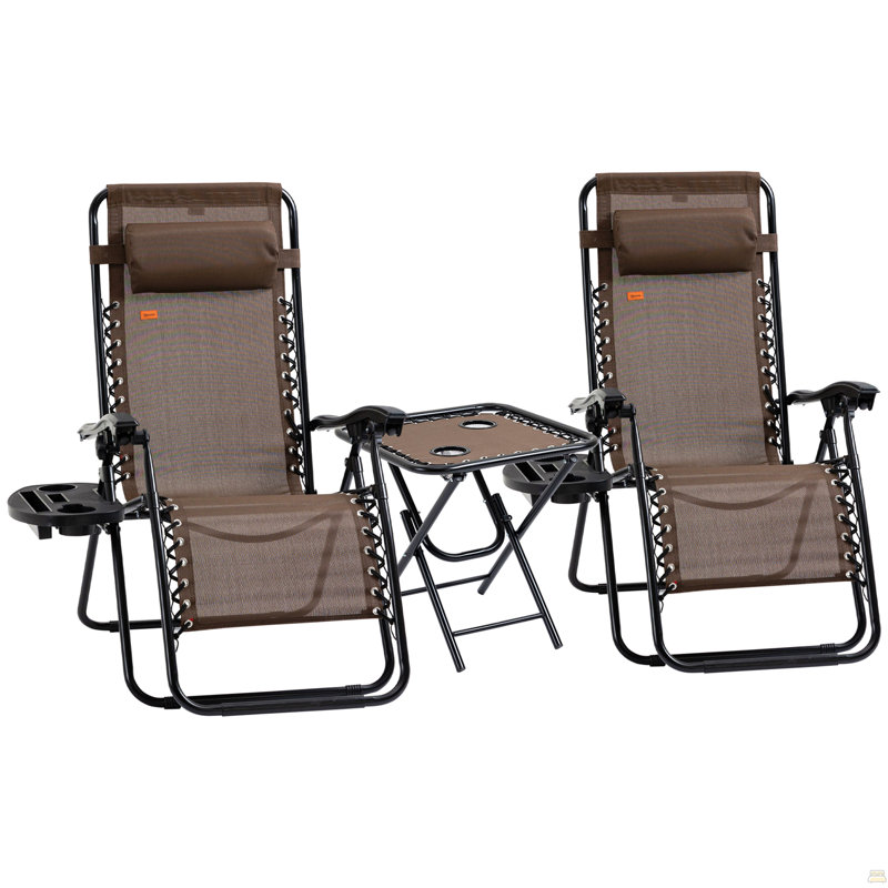 Ensemble de chaise Zero Gravity avec table d'appoint, chaise inclinable pliante avec porte-gobelets et coussins, Brun