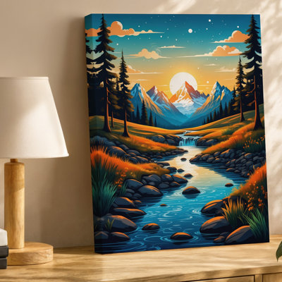 Canvas A Vibrant And Stylized Landscape Scene Featuring A Serene Mountain Wall Art Valley At Sunset In The Foreground A Gently Flowing Canvas Wall Art