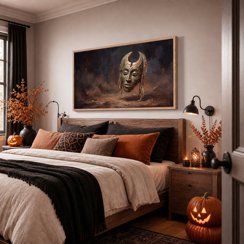 Masque de bronze avec croissant de lune et braises incandescentes - Décoration murale sur toile pour l'Halloween