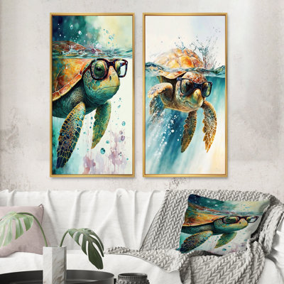 Turtle With Glasses In The Ocean II - Turtle Wall Art Set of 2 Piece