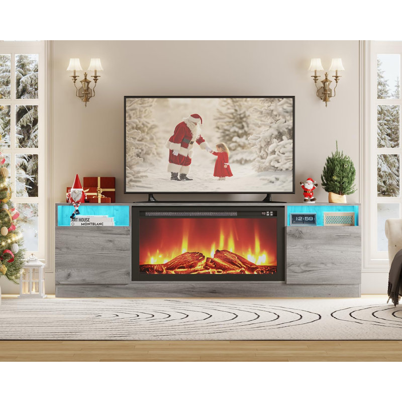 Meuble télé moderne pour téléviseur de 75 po ou moins, console multimédia de 70 po avec rangement, centre de divertissement en bois pour le salon et foyer électrique de 36 po (foyer non inclus)