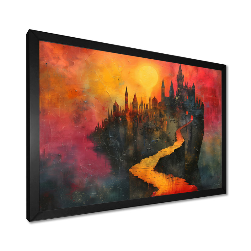 Décoration murale jaune et rouge, coucher de soleil, château magique I - châteaux, Toile encadrée noire simple