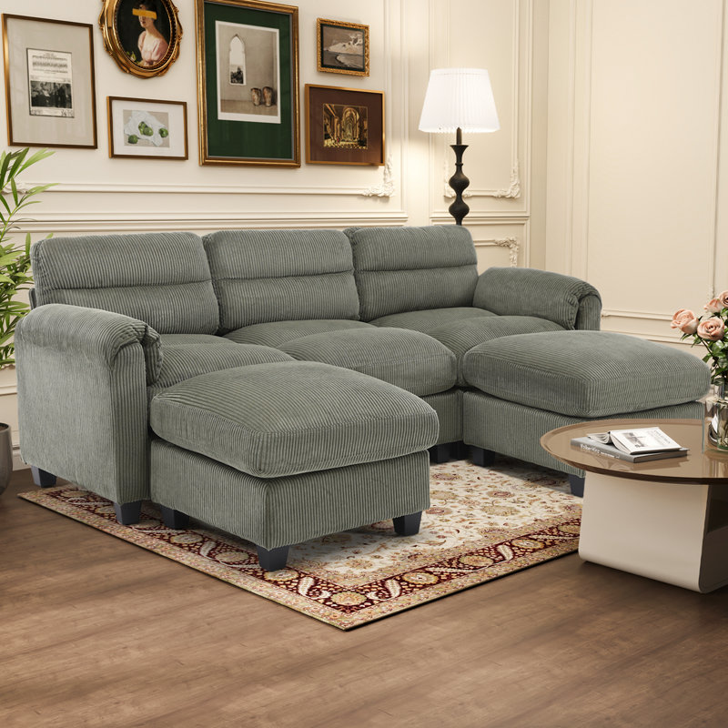 Efaz 5-Piece Corduroy Upholstered Modular Sectional, 2 Ottomans, Pillowtop Arm, Green Corduroy