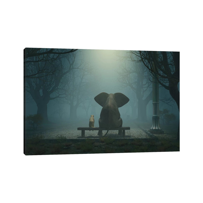 Elephant And Dog Sitting In A Gloomy Park by Mike Kiev - Wrapped Canvas Print, 66.04 cm H x 45.72 cm W x 1.91 cm D