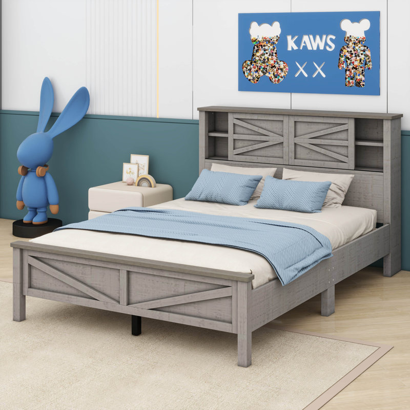 Ranee Farmhouse Platform Bed With Double Sliding Barn Door, Rustic Wood Bed Withcharging Station, Wood Slats Support, Full