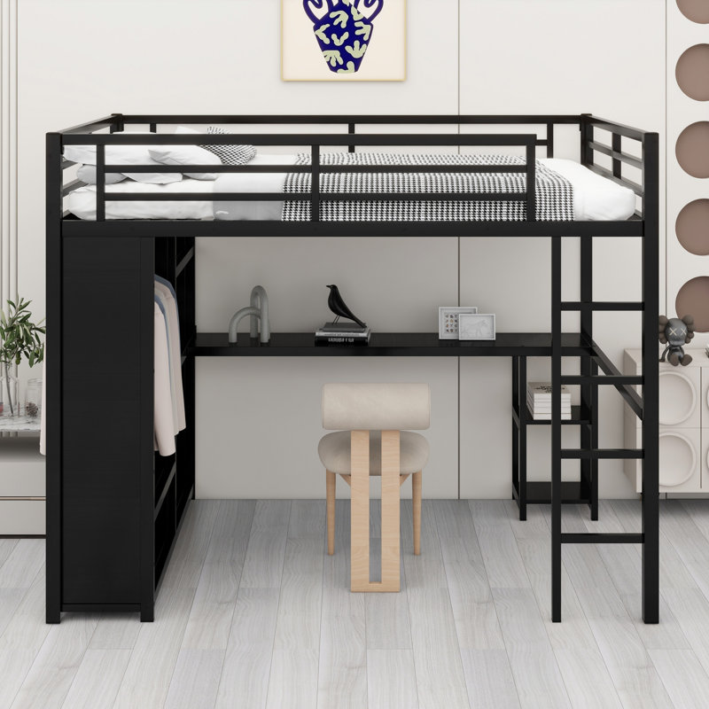 Metal Loft Bed Frame With Built-In Wardrobe, Desk And Storage Shelves