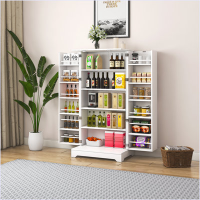 Kitchen Storage Cabinet With Adjustable Shelves, Racks And Doors, Freestanding Kitchen Hutch Cupboard, Buffet Sideboard For Living Room Or Dining Room, White 