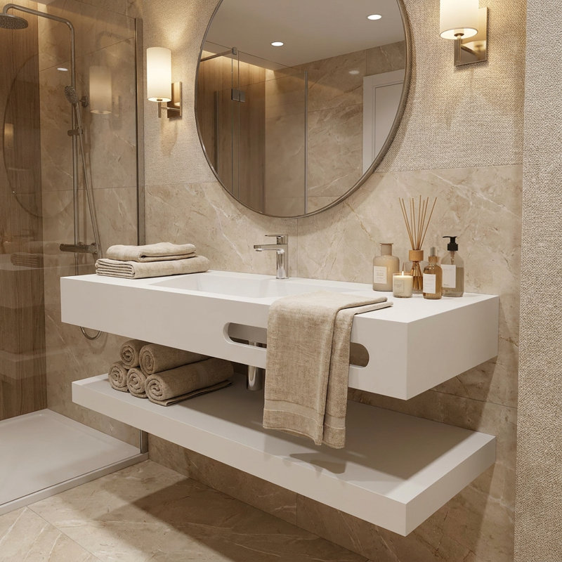 48" Stone Resin Wall-Mounted Floating Bathroom Sink with V-Shaped Basin, Open Shelf and P-Trap Included, Double Layers