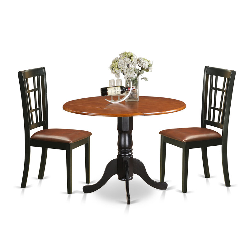L'ensemble de salle à manger 3 pièces comprend une table de salle à manger ronde avec Dropleaf et 2 chaises rembourrées en similicuir de 42 po x 42 po, noir et cerise
