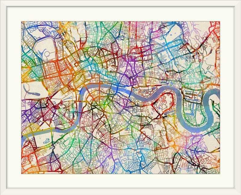 «London England Street Map» par Francy, impression, Cadre blanc, H 35 po x l 44 po x P 1 po