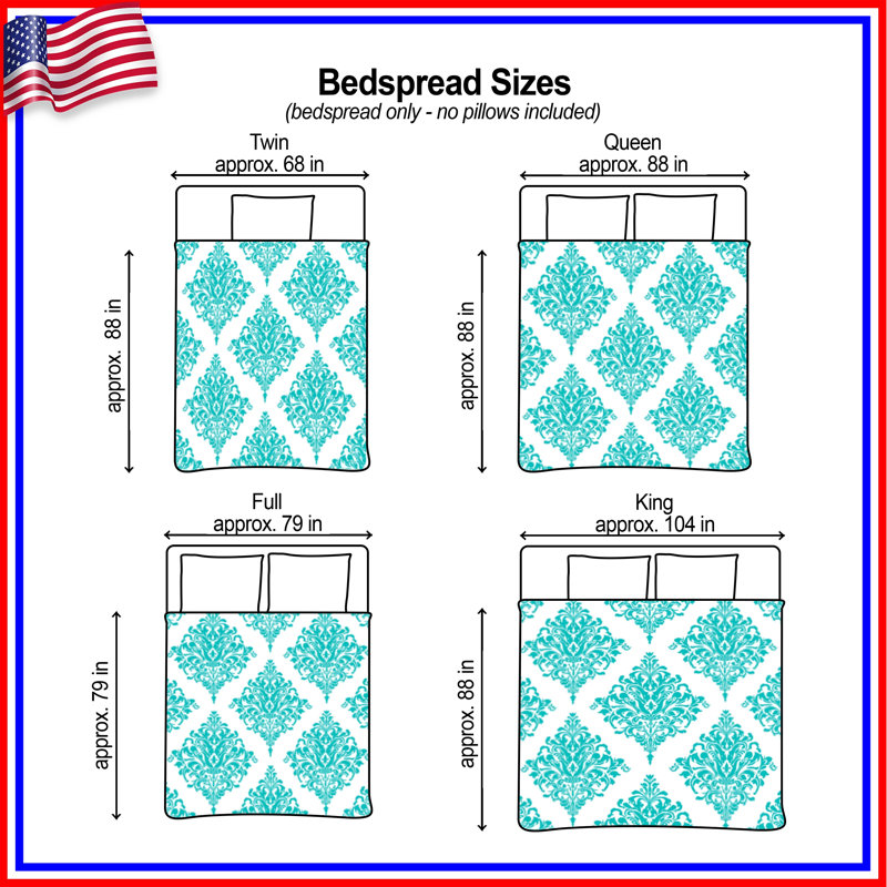 Turquoise Damask Pattern Quilted Bedspread All Sizes, Queen