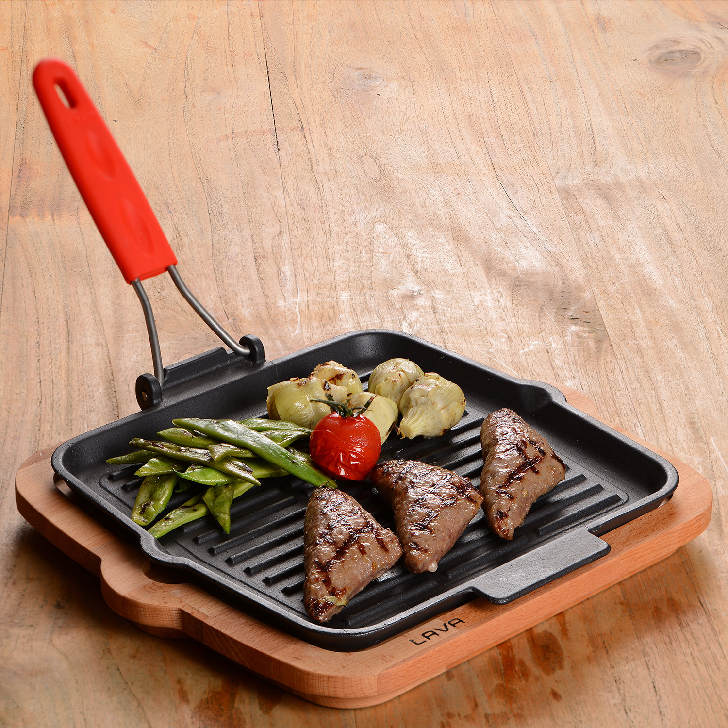 Lava Cast Iron Lava Enameled Cast Iron Mini Grill Pan 6 inch-Square with Beechwood Service Platter LV Eco P GT 1616 K4