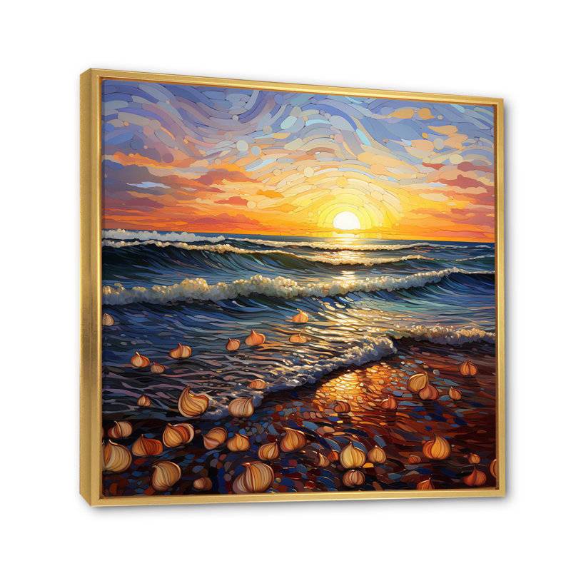 Plage Golden Sands Pointillism I, H 30 po x l 30 po x P 1 po, Cadre flottant doré