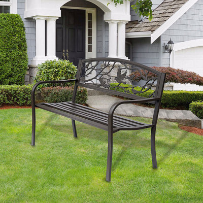 Banc de jardin 50 po, banc de patio extérieur avec motif animal, banc en métal coulé pour cour, pelouse, porche, brun