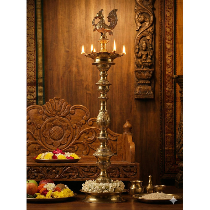Handmade 39" Mayur Lamp Brass Sculpture from South India – Nila Vilakku Column, Peacock Motif, Premium Ritual Accent for Temples, Gardens & Large Décor