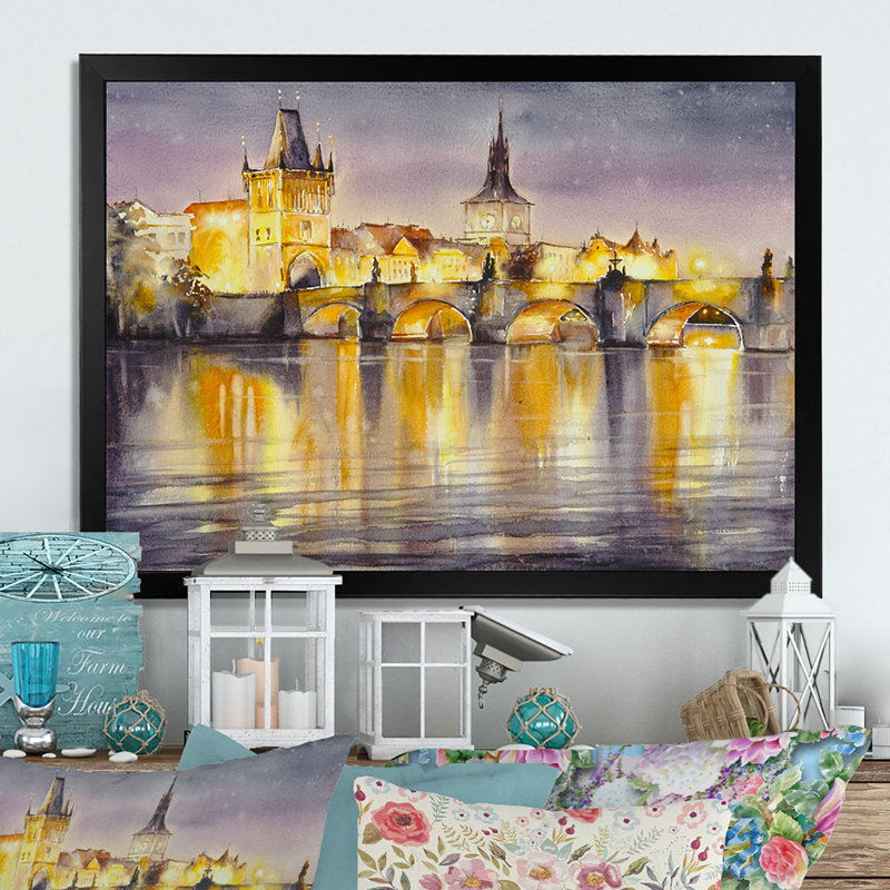 Charles Bridge In Night Lights - reproduction d'art sur toile, Cadre noir, H 8 po x l 12 po x P 1 po