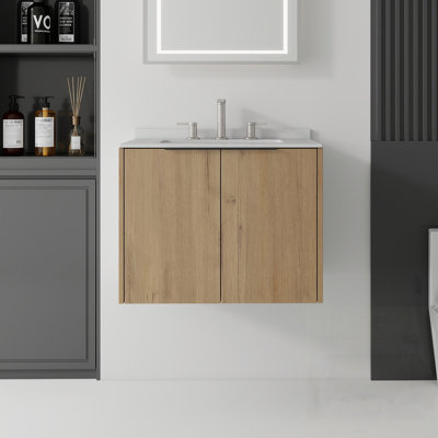 Meuble-lavabo flottant avec lavabo, porte à fermeture douce, comptoir et dosseret en marbre de culture blanc granit, contreplaqué