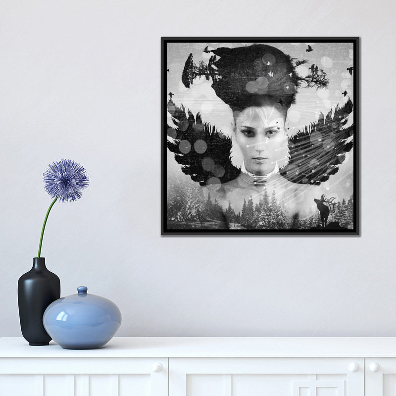 « fille face ii », reproduction d’impression sur toile, H 18 po x l 18 po x P 1,5 po, Toile avec cadre noir, Pas de tapis