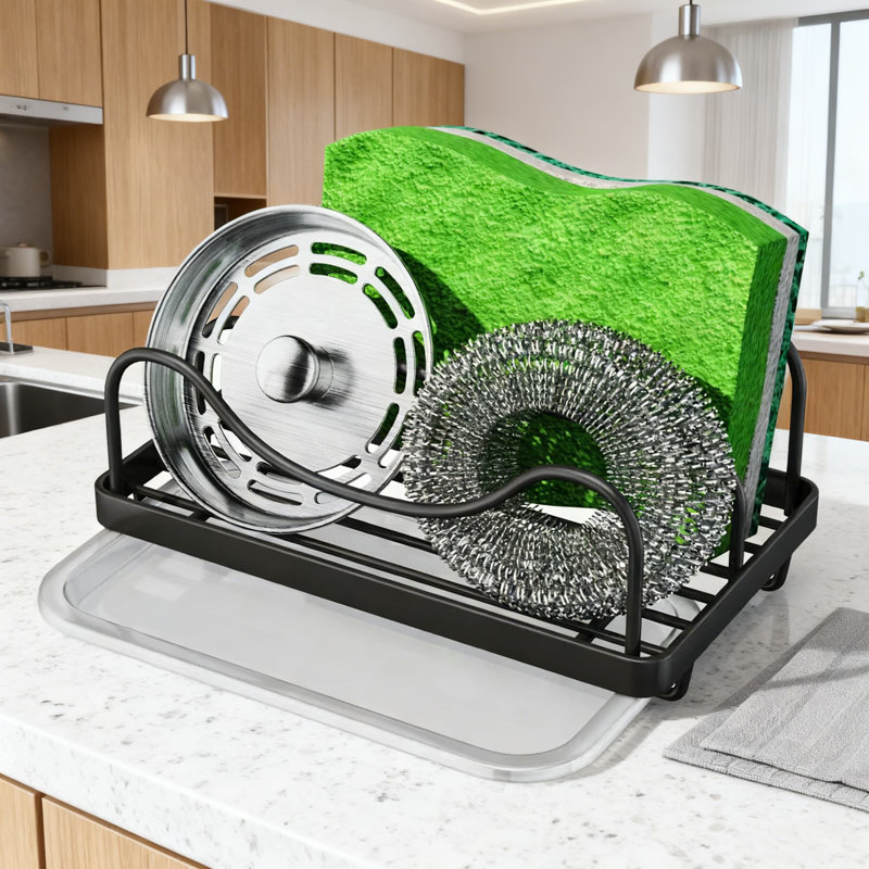 Porte-éponge pour évier de cuisine - acier inoxydable 304, bac d'égouttement amovible, conception peu encombrante
