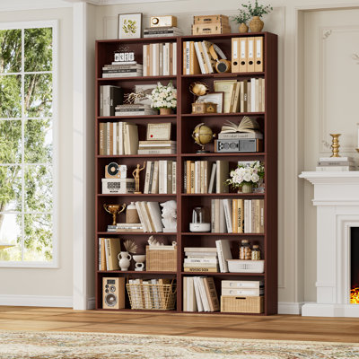 2 x 82.5"H Wood Double 7-Tier Standard Bookcases, Home Library Bookcase Set, Cherry